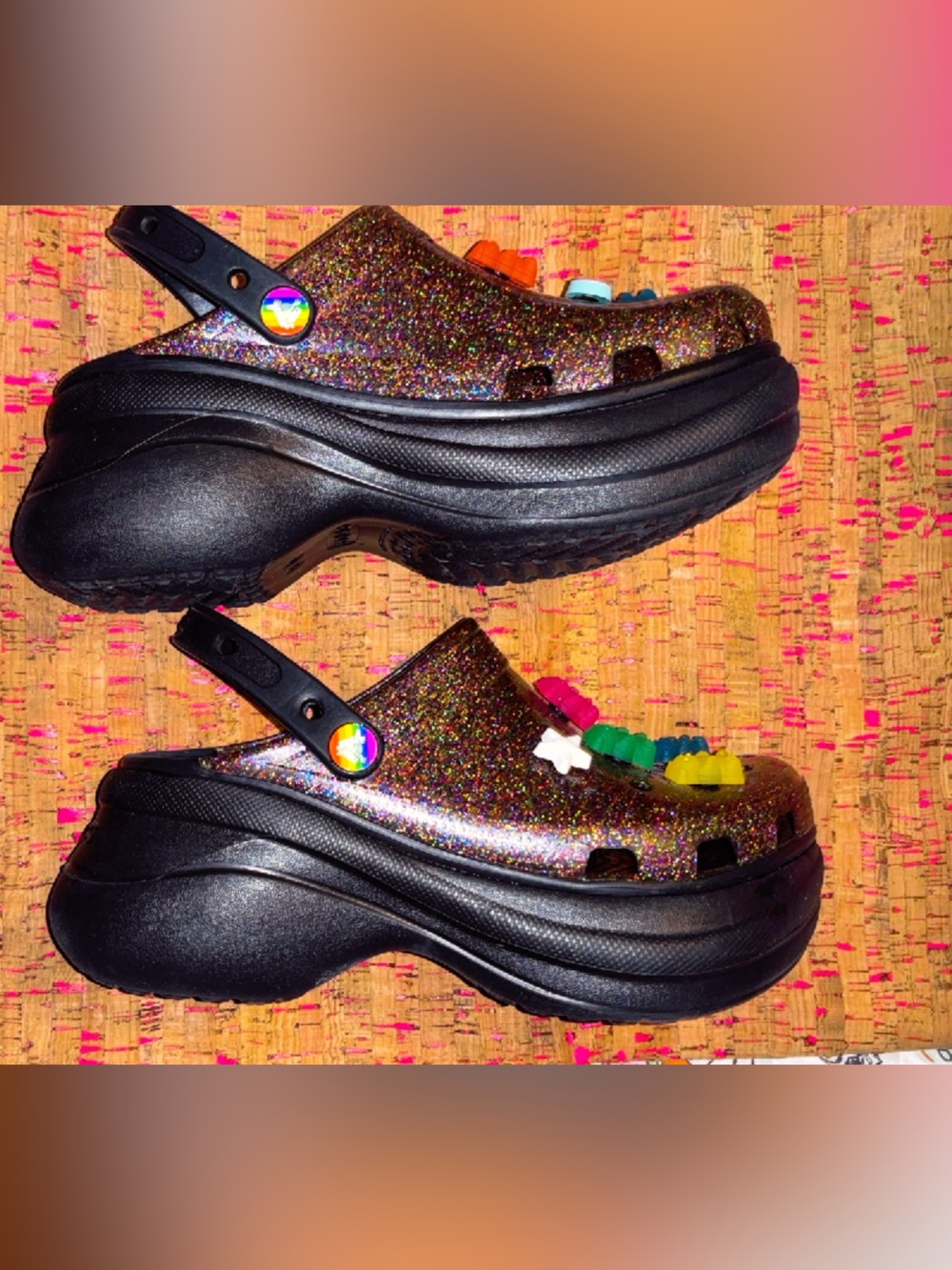 CROCS Bae Glitter Pride Clogs with Multicolor Gummi Bear Charms